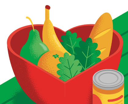 Cover of the Giving Newsletters December 2019 edition, image of a red, heart-shaped bowl with a pear, banana, orange, and baguette inside with a nondescript can on the side