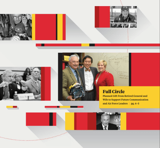Giving Newsletters February 2018 Cover with images of retired Maj. Gen. Mark Rosenker with heading that reads: 'Full Circle Planned Gift From Retired General and Wife to Support Future Communication and Air Force LEaders pg. 4-5'