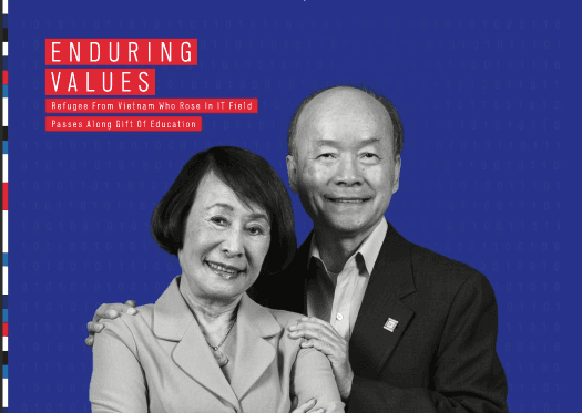 Cover of Giving Newsletters March 2017. Image of Kimmy Duong and her husband with heading: 'Enduring Values Refugee from Vietname Who Rose in IT Field Passes Along Gift of Education'