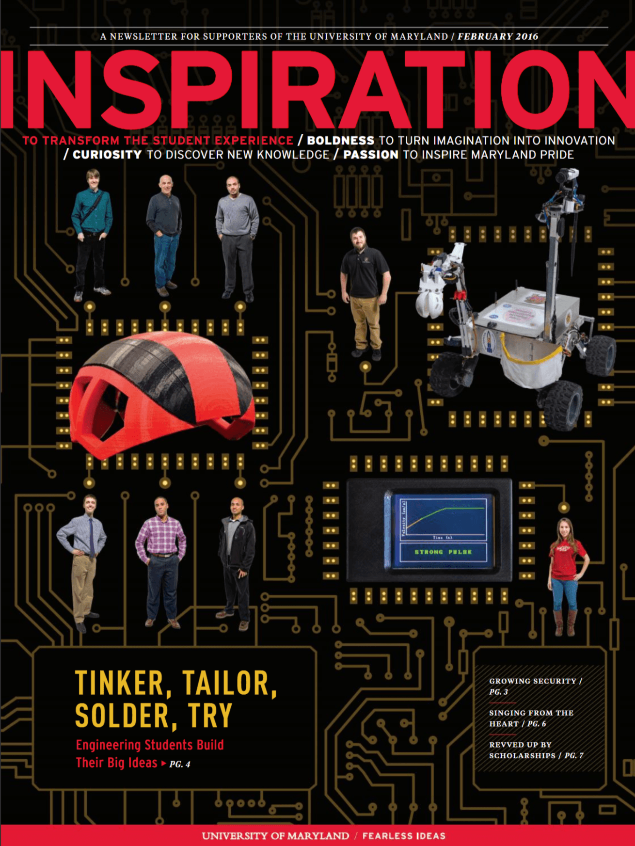 Cover of February 2016 Giving Newsletter. Black magazine cover with circuitry, people, and robots