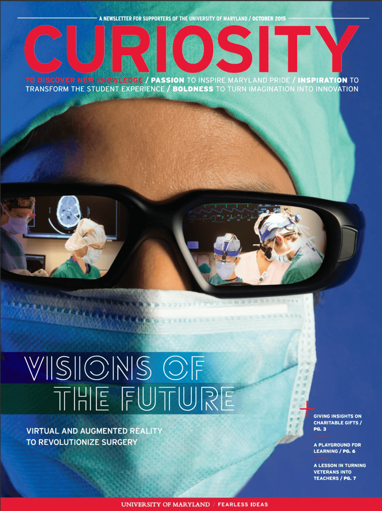 Cover of October 2015 Giving Newsletter. Surgeon wearing reflective sunglasses